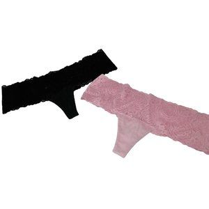 Victoria's Secret Set Of 2 Lace Cotton Thongs Panty Black Pink Size M Medium New